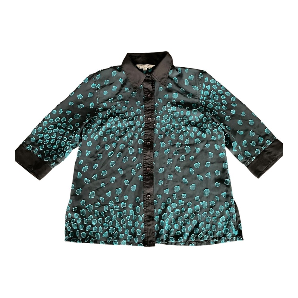 Tung Tai Black Teal Embroidered Sheer Button Down Shirt Medium Half Sleeve Women